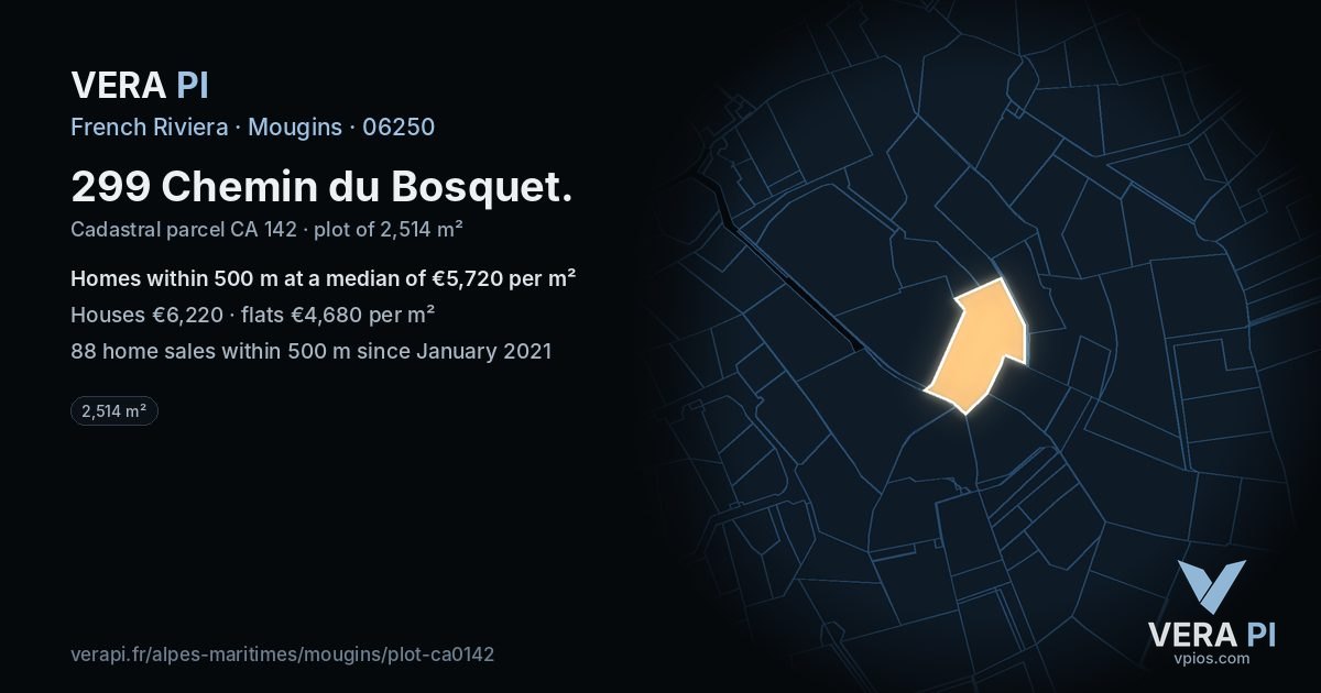 299 Chemin du Bosquet, Mougins at night – the plot lit, the parcels around coloured by the prices near them