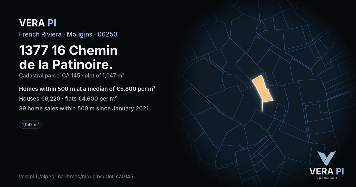 1377 16 Chemin de la Patinoire, Mougins at night – the plot lit, the parcels around coloured by the prices near them