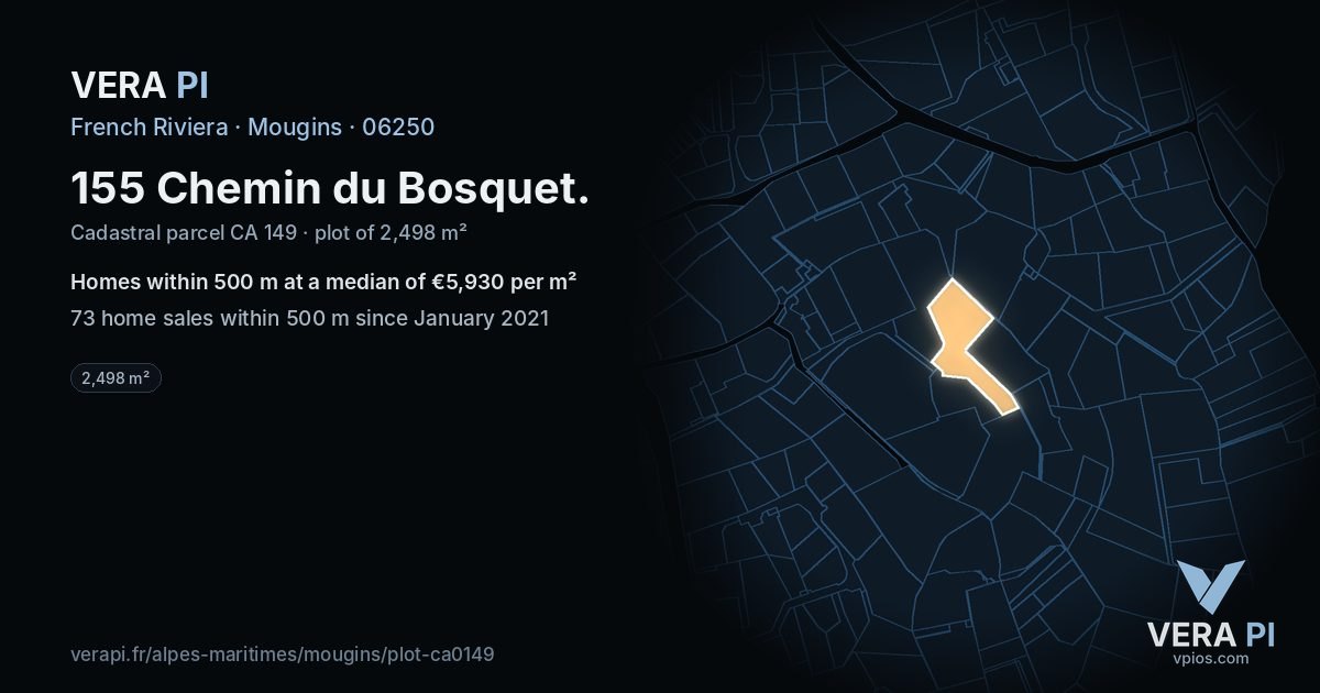 155 Chemin du Bosquet, Mougins at night – the plot lit, the parcels around coloured by the prices near them