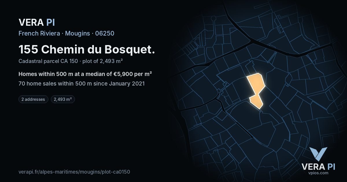 155 Chemin du Bosquet, Mougins at night – the plot lit, the parcels around coloured by the prices near them