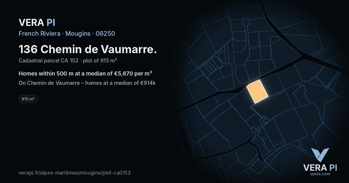 136 Chemin de Vaumarre, Mougins at night – the plot lit, the parcels around coloured by the prices near them