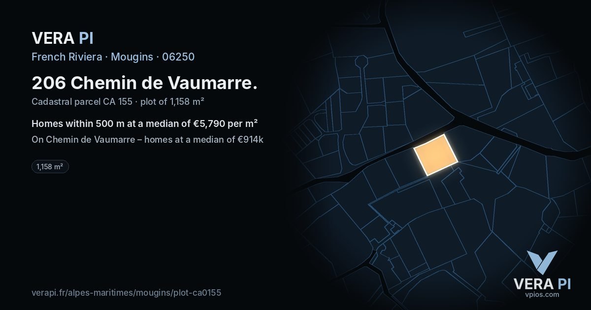 206 Chemin de Vaumarre, Mougins at night – the plot lit, the parcels around coloured by the prices near them