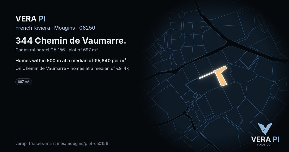344 Chemin de Vaumarre, Mougins at night – the plot lit, the parcels around coloured by the prices near them