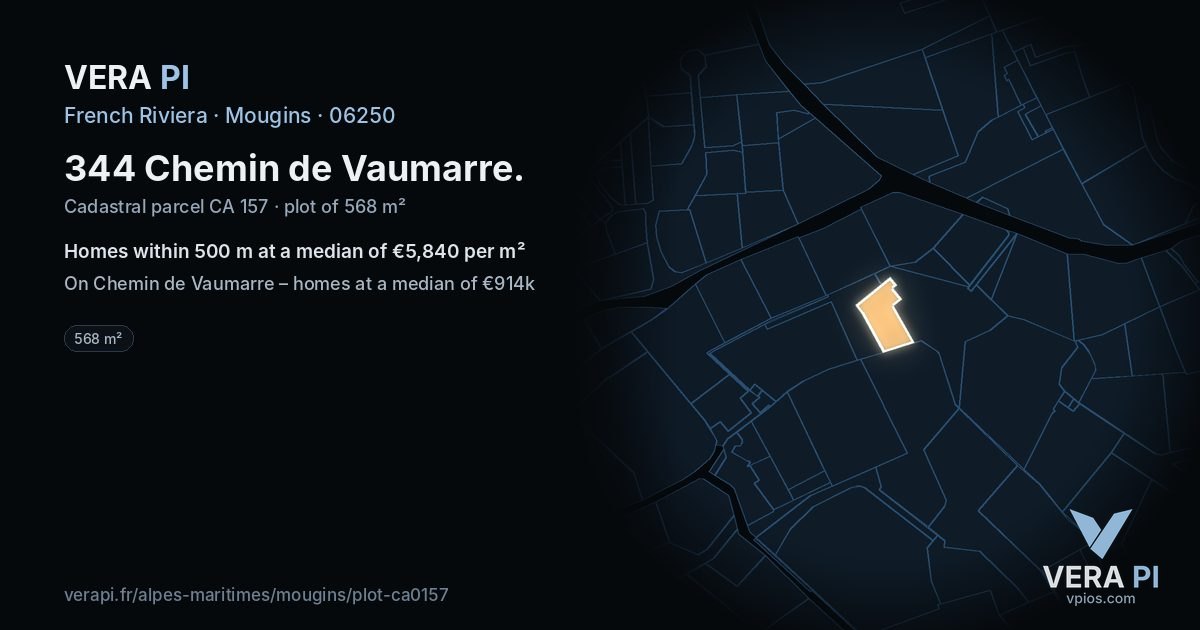 344 Chemin de Vaumarre, Mougins at night – the plot lit, the parcels around coloured by the prices near them