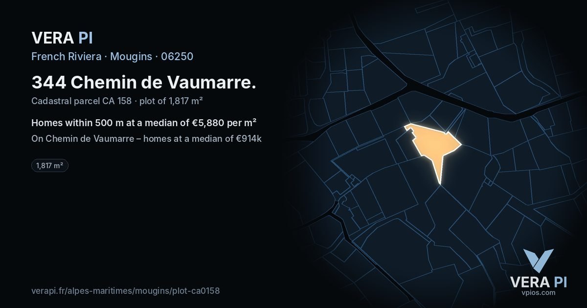 344 Chemin de Vaumarre, Mougins at night – the plot lit, the parcels around coloured by the prices near them