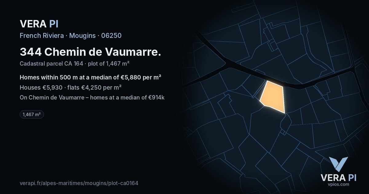 344 Chemin de Vaumarre, Mougins at night – the plot lit, the parcels around coloured by the prices near them