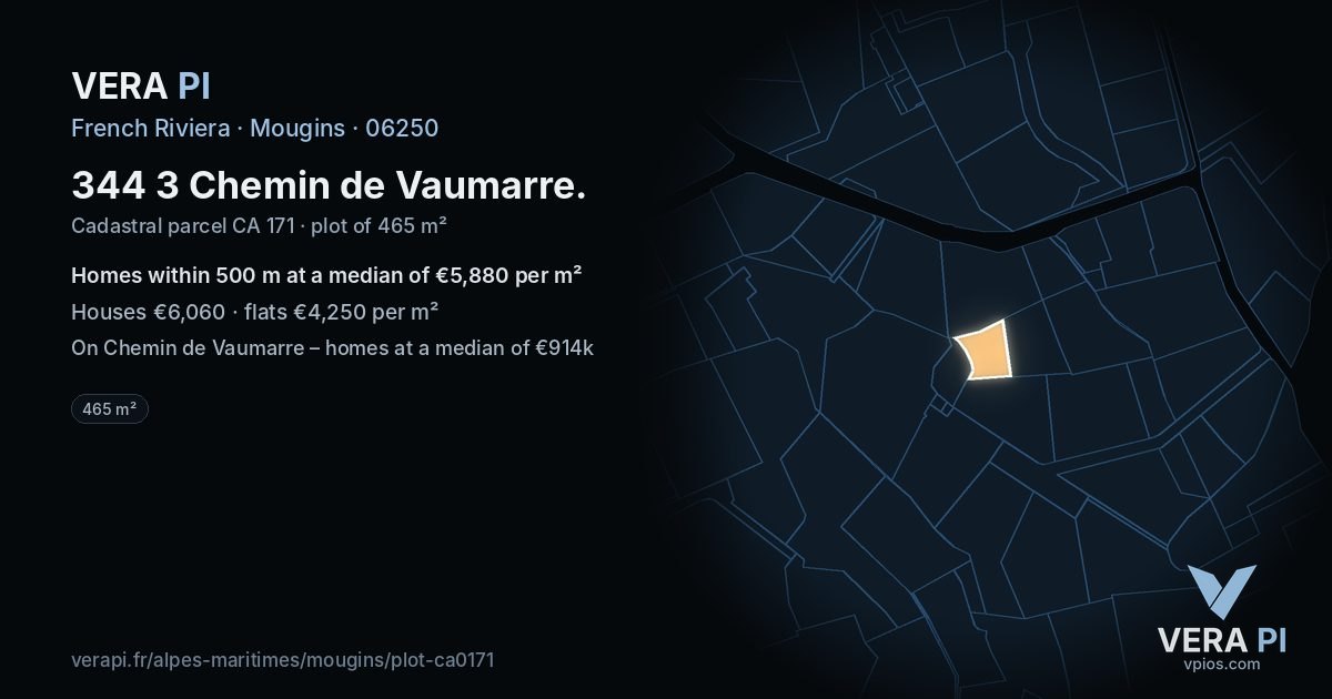 344 3 Chemin de Vaumarre, Mougins at night – the plot lit, the parcels around coloured by the prices near them