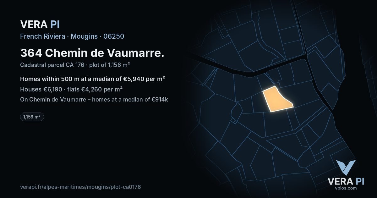 364 Chemin de Vaumarre, Mougins at night – the plot lit, the parcels around coloured by the prices near them