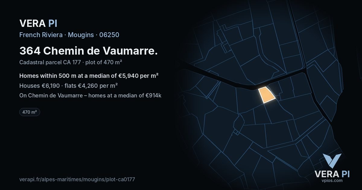 364 Chemin de Vaumarre, Mougins at night – the plot lit, the parcels around coloured by the prices near them