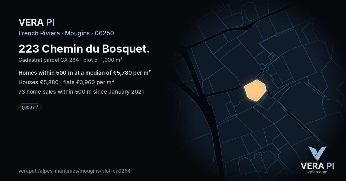 223 Chemin du Bosquet, Mougins at night – the plot lit, the parcels around coloured by the prices near them