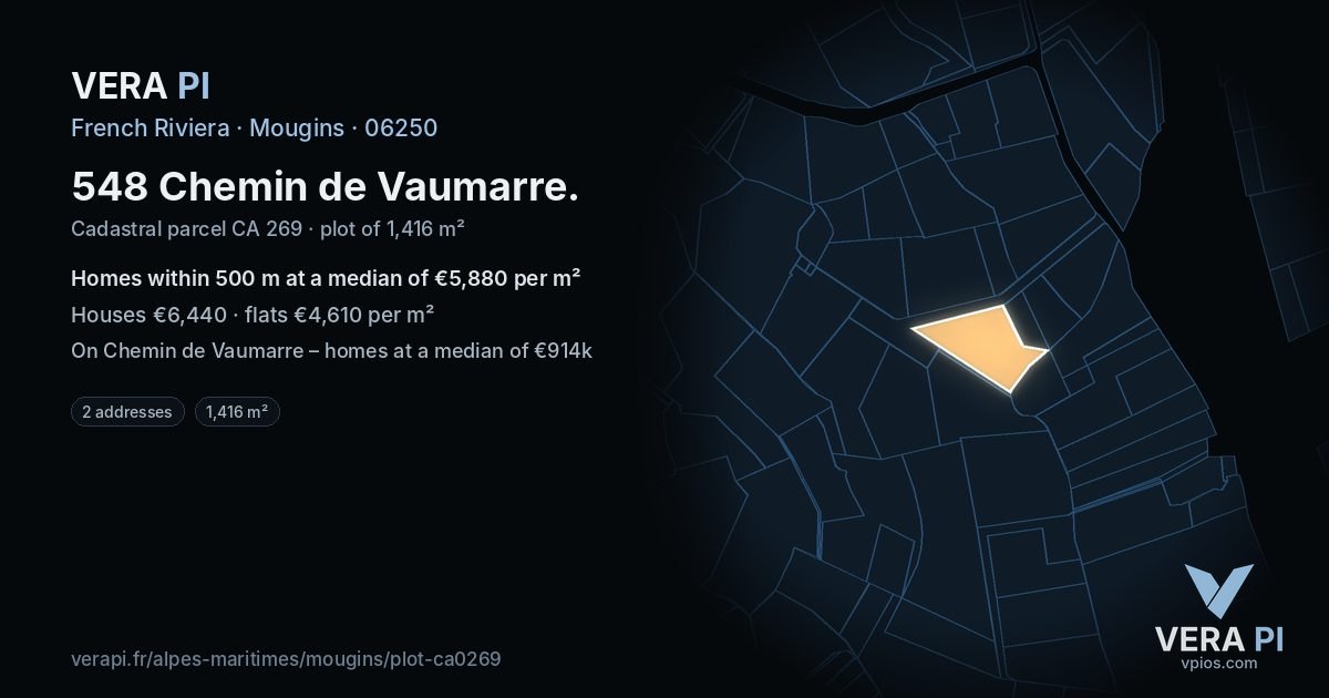 548 Chemin de Vaumarre, Mougins at night – the plot lit, the parcels around coloured by the prices near them