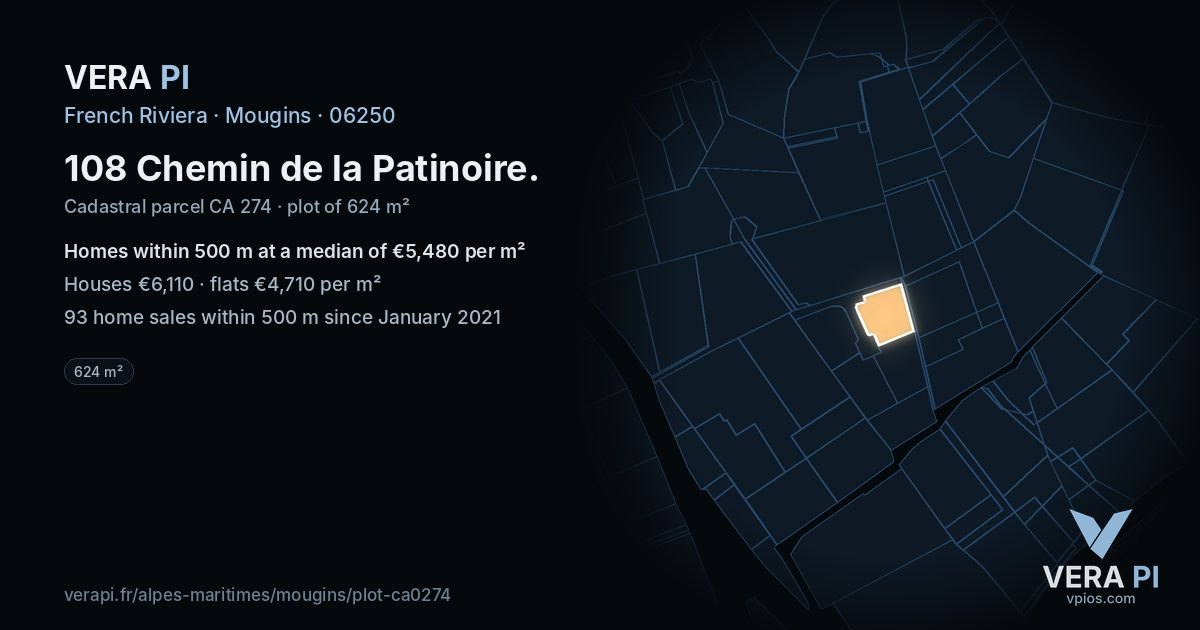 108 Chemin de la Patinoire, Mougins at night – the plot lit, the parcels around coloured by the prices near them