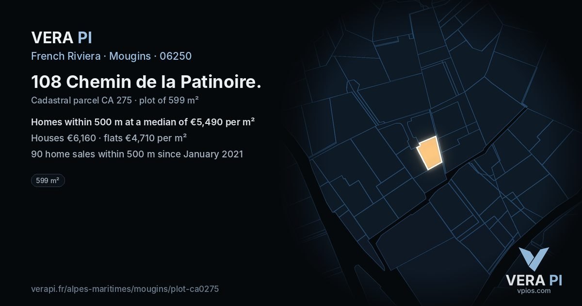 108 Chemin de la Patinoire, Mougins at night – the plot lit, the parcels around coloured by the prices near them