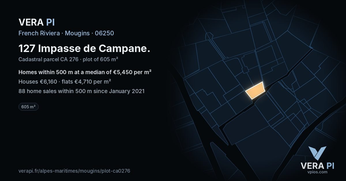 127 Impasse de Campane, Mougins at night – the plot lit, the parcels around coloured by the prices near them