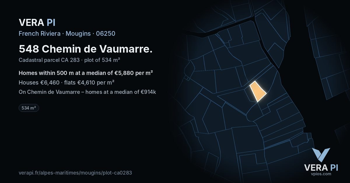 548 Chemin de Vaumarre, Mougins at night – the plot lit, the parcels around coloured by the prices near them