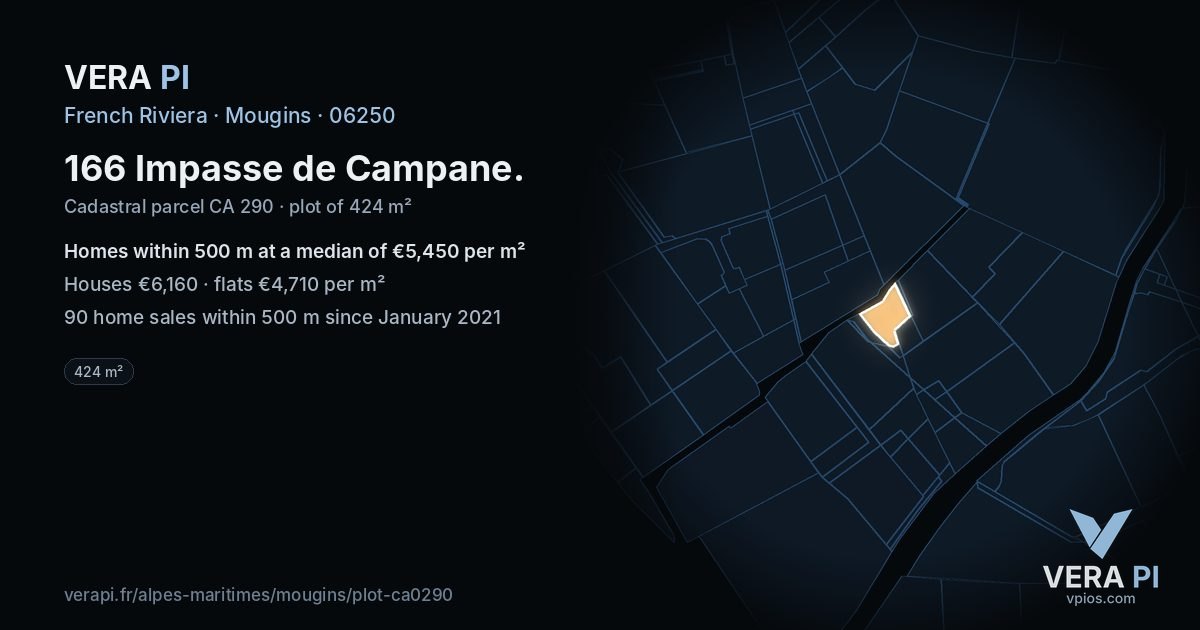 166 Impasse de Campane, Mougins at night – the plot lit, the parcels around coloured by the prices near them