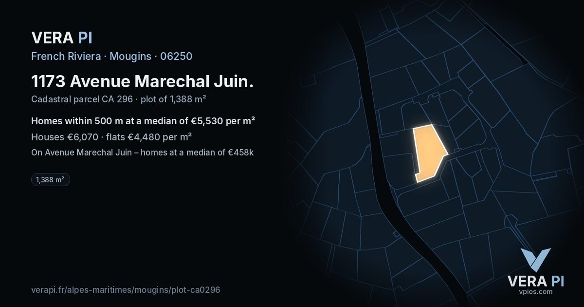 1173 Avenue Marechal Juin, Mougins at night – the plot lit, the parcels around coloured by the prices near them