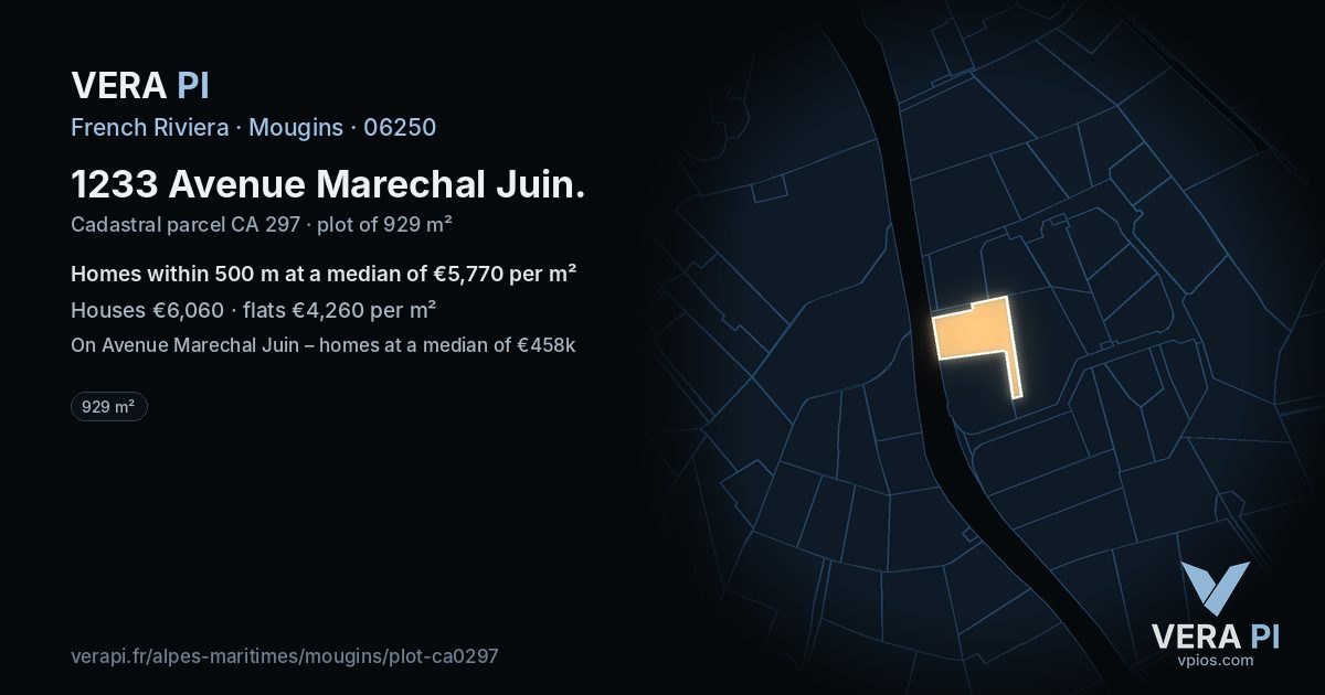 1233 Avenue Marechal Juin, Mougins at night – the plot lit, the parcels around coloured by the prices near them