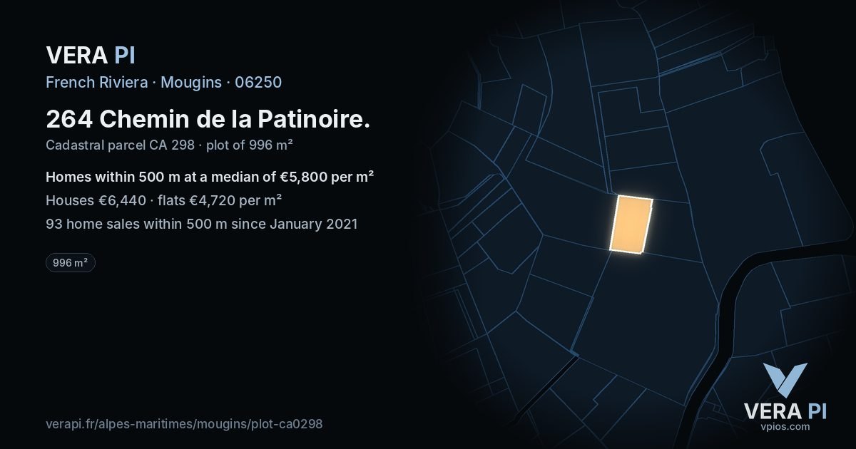 264 Chemin de la Patinoire, Mougins at night – the plot lit, the parcels around coloured by the prices near them