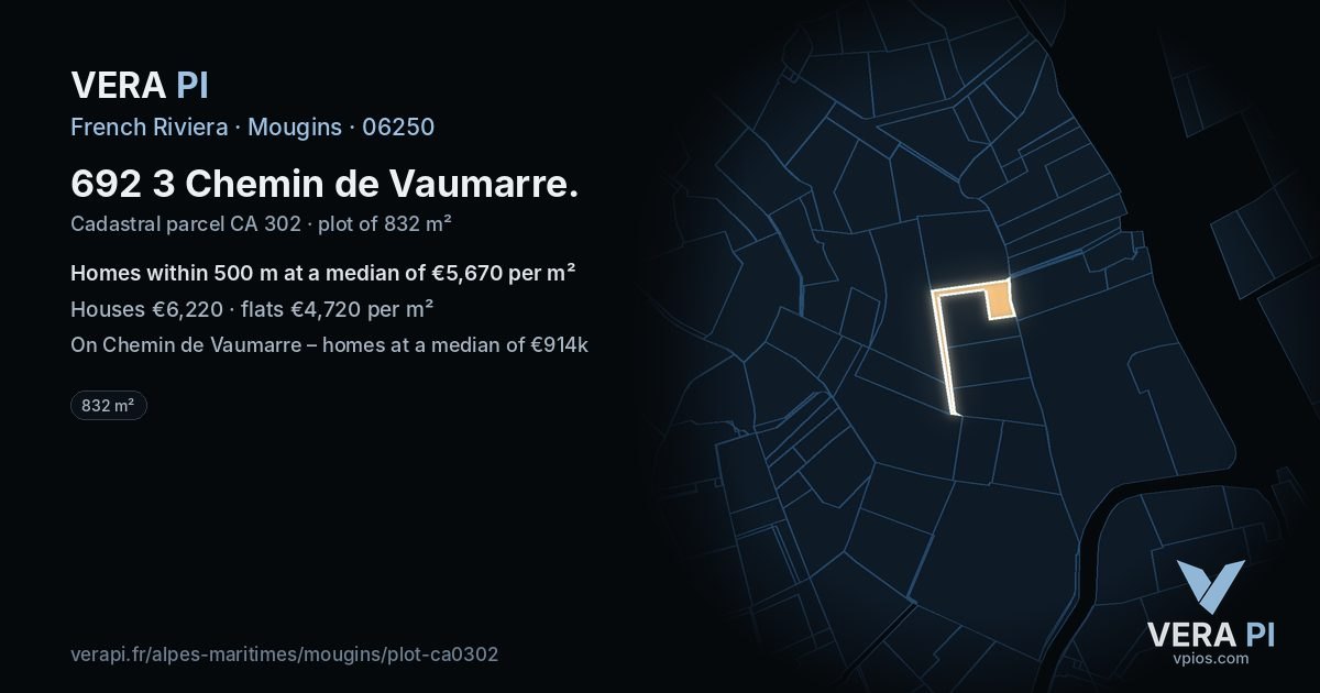 692 3 Chemin de Vaumarre, Mougins at night – the plot lit, the parcels around coloured by the prices near them
