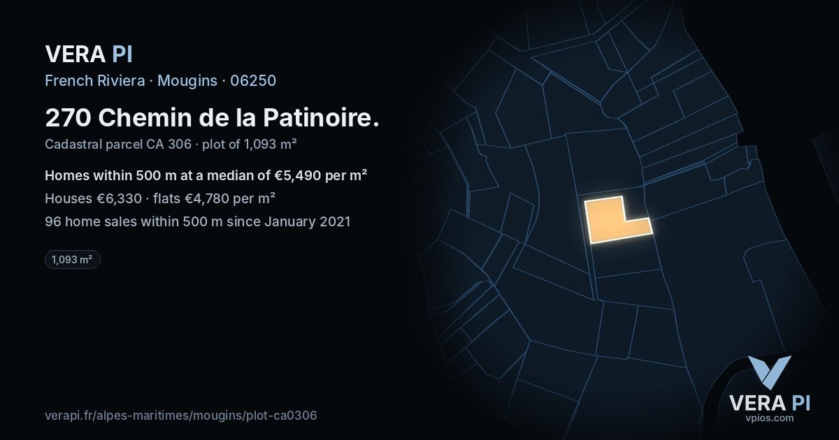 270 Chemin de la Patinoire, Mougins at night – the plot lit, the parcels around coloured by the prices near them