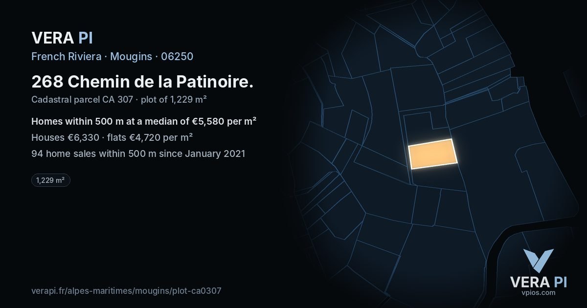 268 Chemin de la Patinoire, Mougins at night – the plot lit, the parcels around coloured by the prices near them