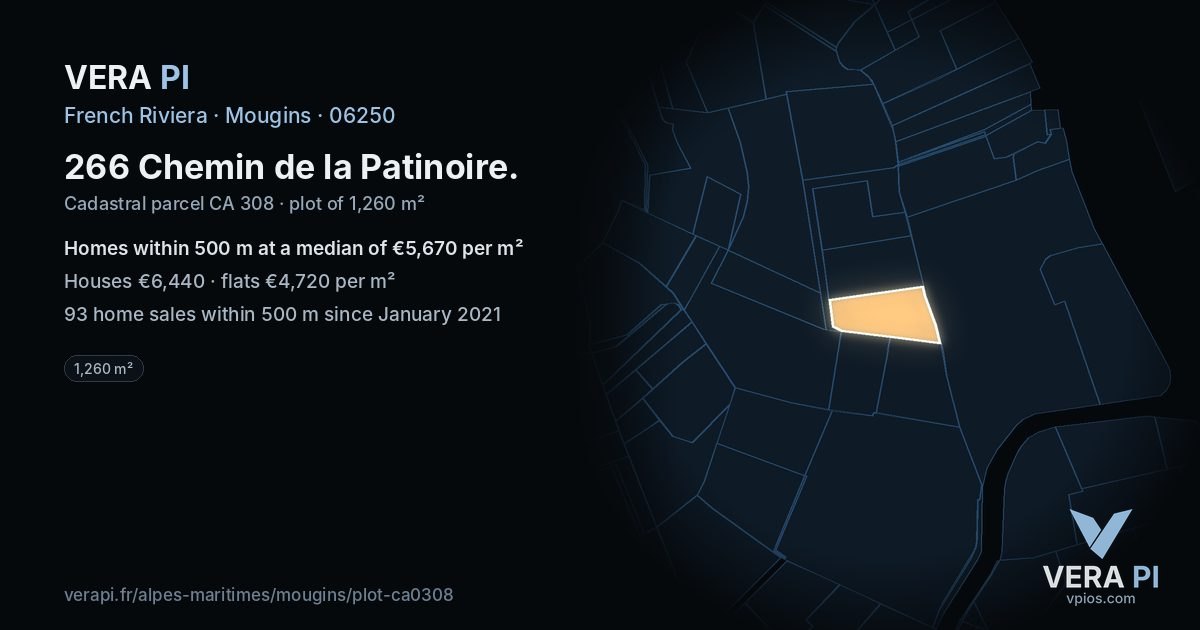 266 Chemin de la Patinoire, Mougins at night – the plot lit, the parcels around coloured by the prices near them
