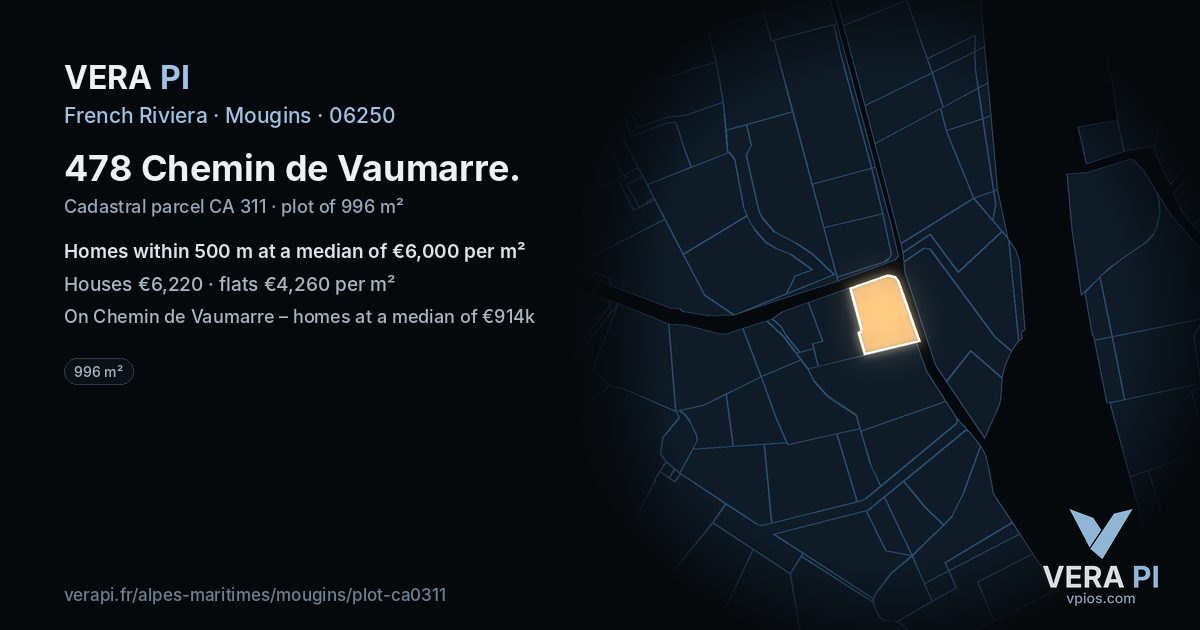 478 Chemin de Vaumarre, Mougins at night – the plot lit, the parcels around coloured by the prices near them
