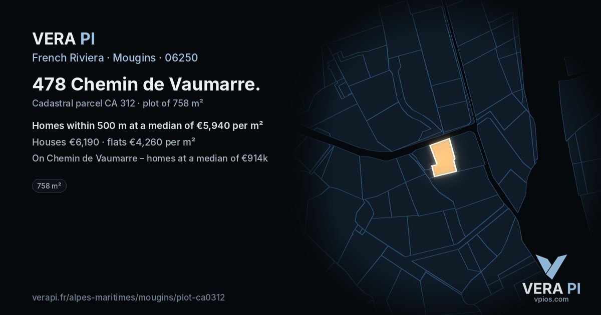 478 Chemin de Vaumarre, Mougins at night – the plot lit, the parcels around coloured by the prices near them