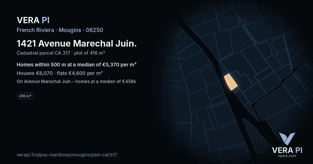 1421 Avenue Marechal Juin, Mougins at night – the plot lit, the parcels around coloured by the prices near them