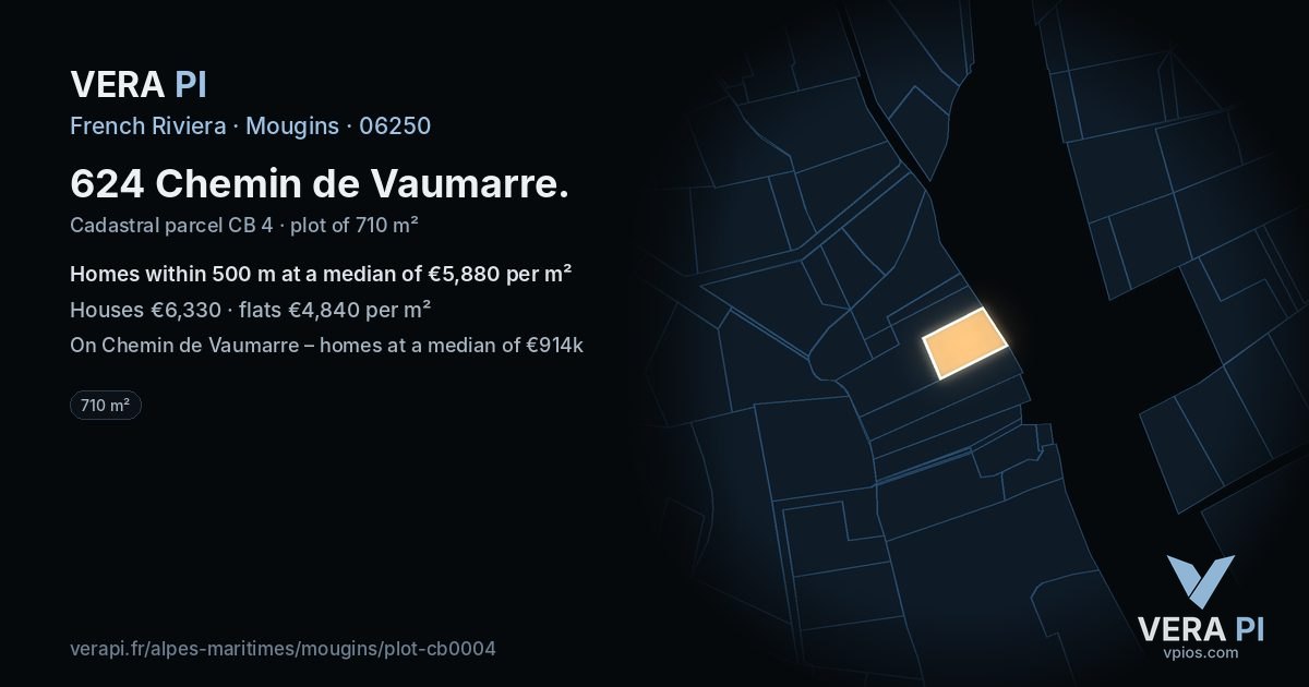 624 Chemin de Vaumarre, Mougins at night – the plot lit, the parcels around coloured by the prices near them