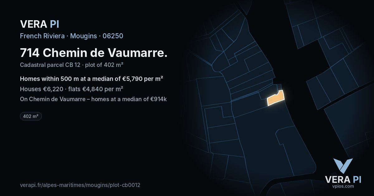 714 Chemin de Vaumarre, Mougins at night – the plot lit, the parcels around coloured by the prices near them