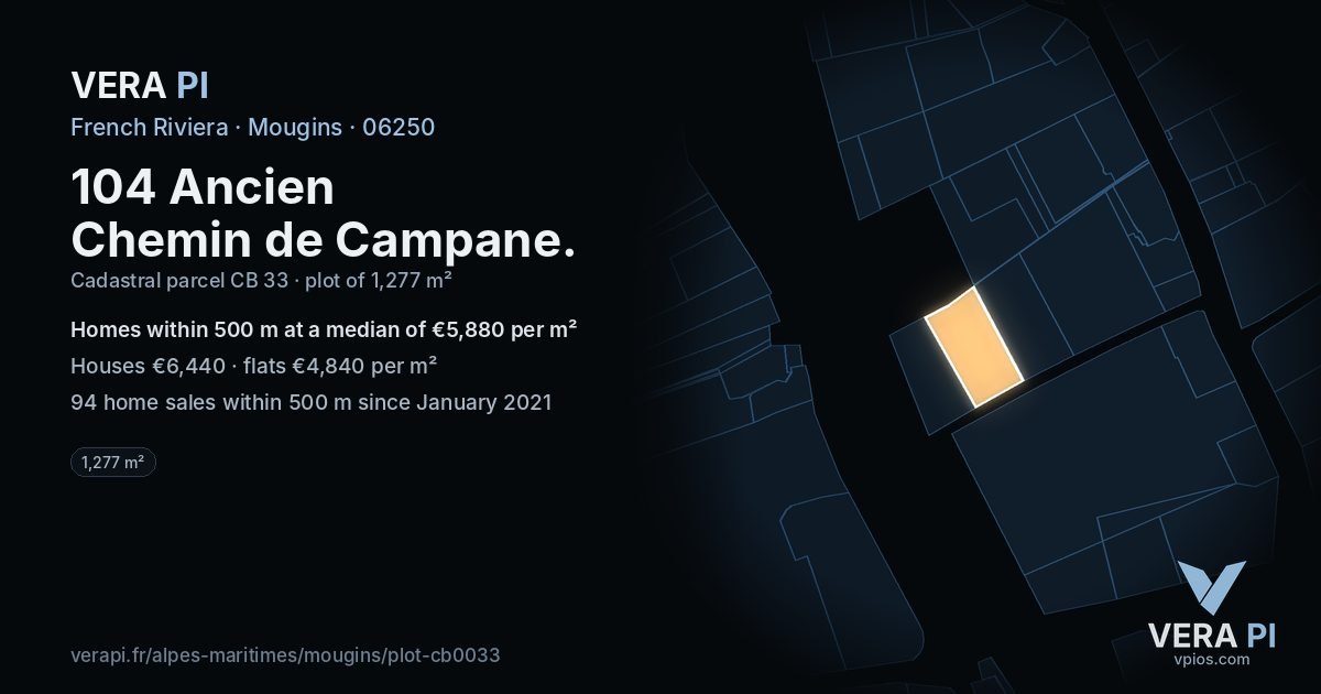 104 Ancien Chemin de Campane, Mougins at night – the plot lit, the parcels around coloured by the prices near them