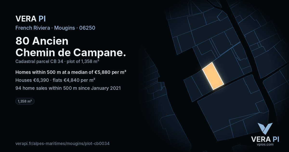 80 Ancien Chemin de Campane, Mougins at night – the plot lit, the parcels around coloured by the prices near them