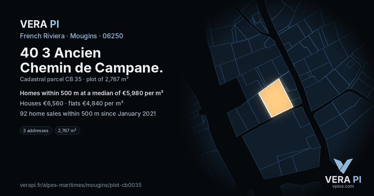 40 3 Ancien Chemin de Campane, Mougins at night – the plot lit, the parcels around coloured by the prices near them