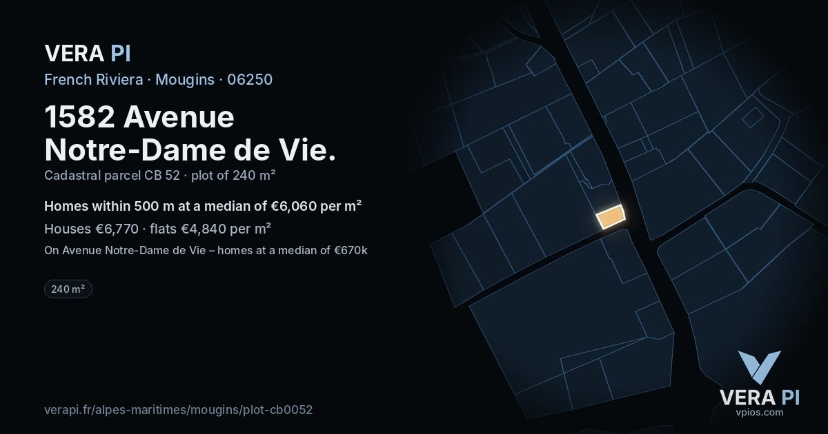 1582 Avenue Notre-Dame de Vie, Mougins at night – the plot lit, the parcels around coloured by the prices near them