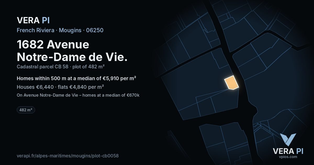1682 Avenue Notre-Dame de Vie, Mougins at night – the plot lit, the parcels around coloured by the prices near them