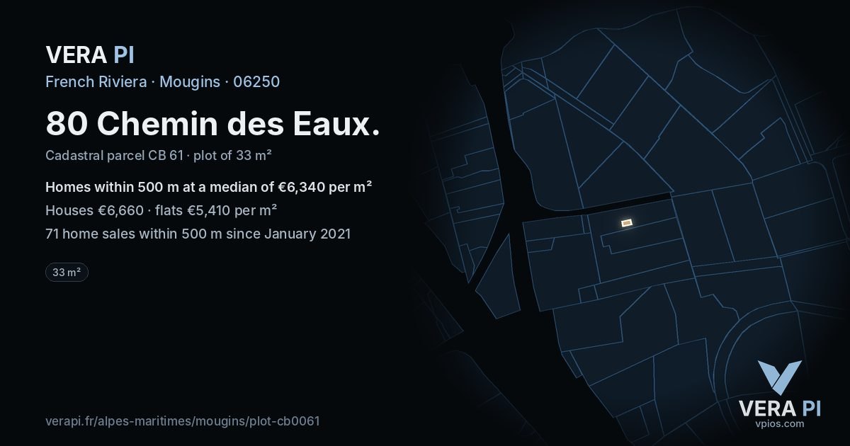 80 Chemin des Eaux, Mougins at night – the plot lit, the parcels around coloured by the prices near them
