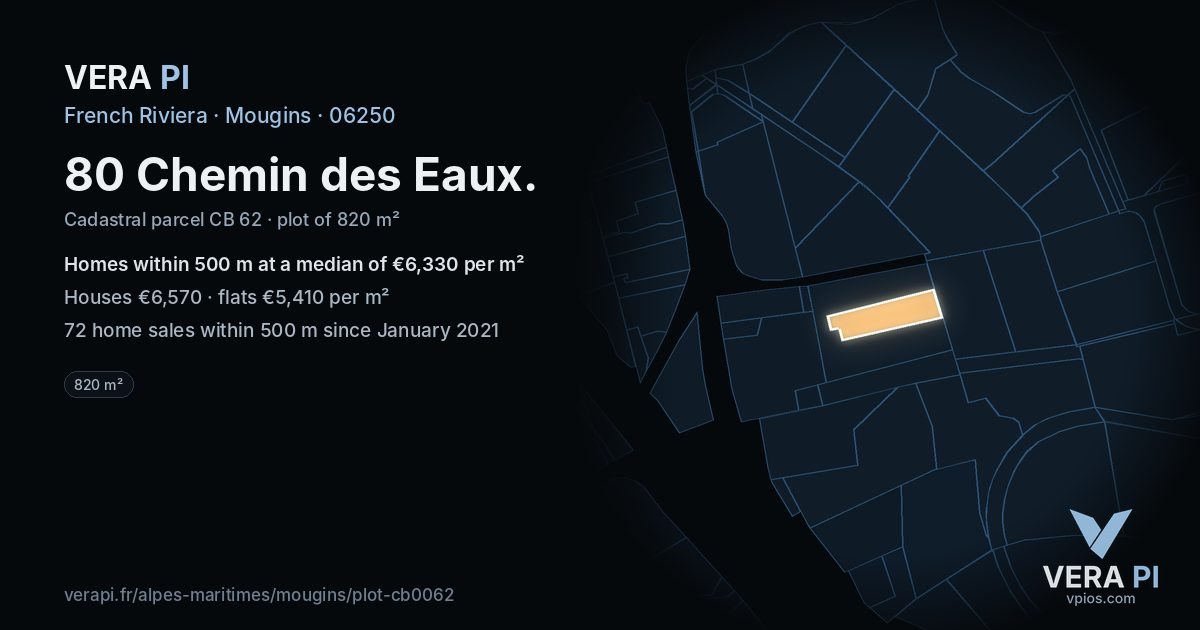 80 Chemin des Eaux, Mougins at night – the plot lit, the parcels around coloured by the prices near them