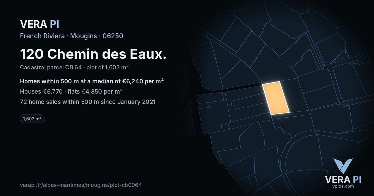 120 Chemin des Eaux, Mougins at night – the plot lit, the parcels around coloured by the prices near them