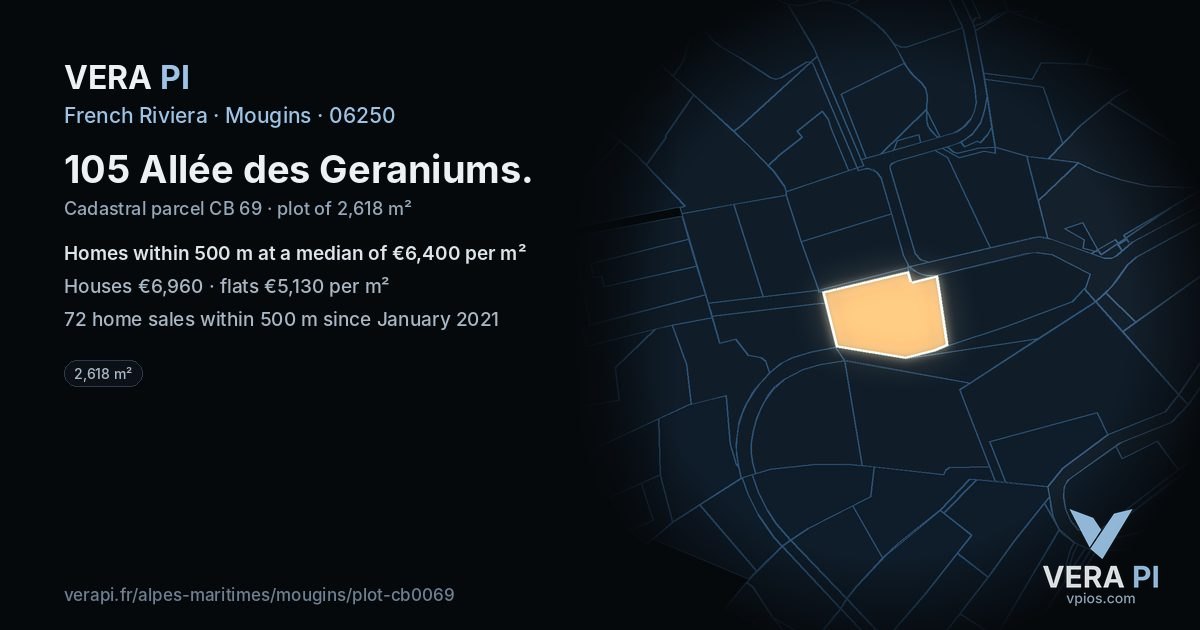 105 Allée des Geraniums, Mougins at night – the plot lit, the parcels around coloured by the prices near them