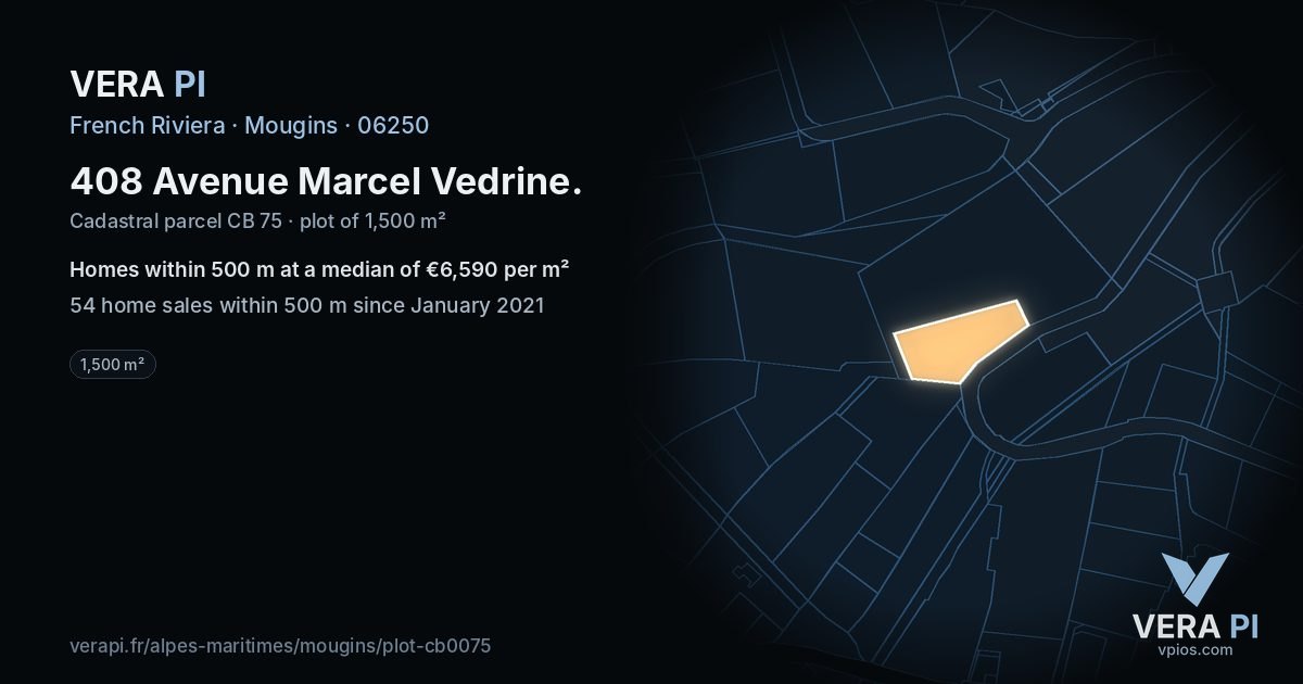 408 Avenue Marcel Vedrine, Mougins at night – the plot lit, the parcels around coloured by the prices near them