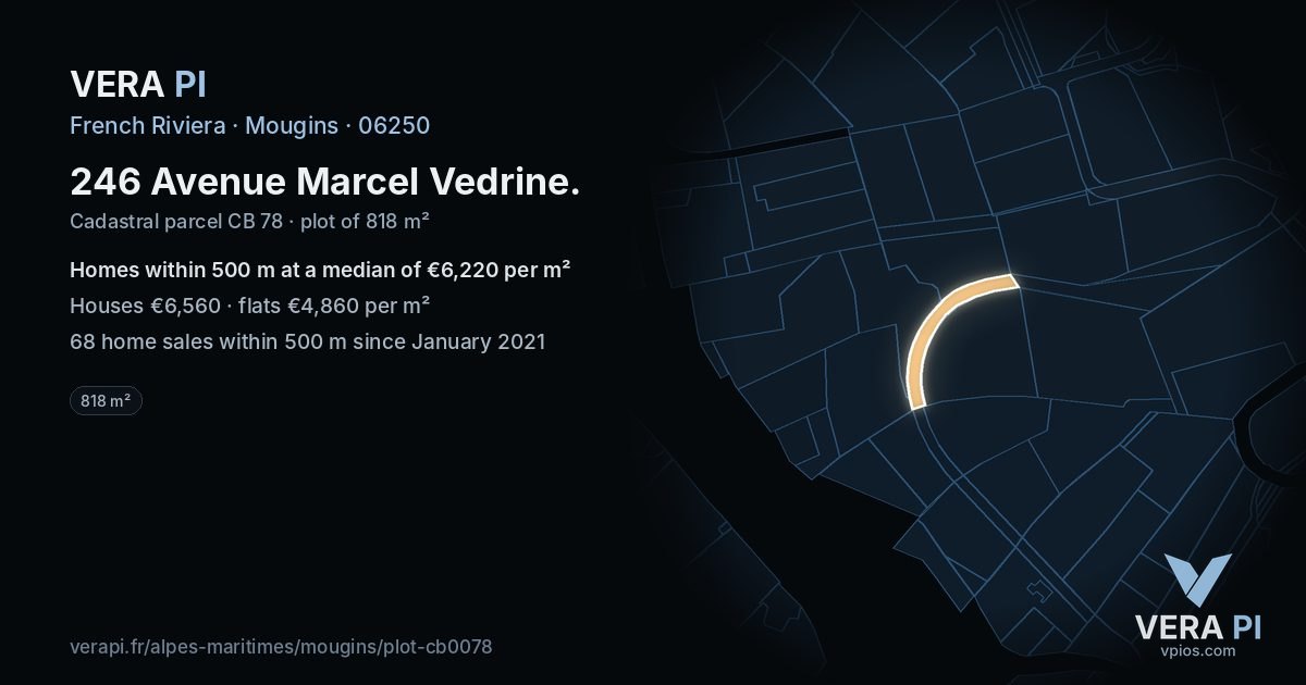 246 Avenue Marcel Vedrine, Mougins at night – the plot lit, the parcels around coloured by the prices near them