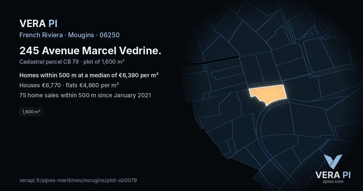 245 Avenue Marcel Vedrine, Mougins at night – the plot lit, the parcels around coloured by the prices near them