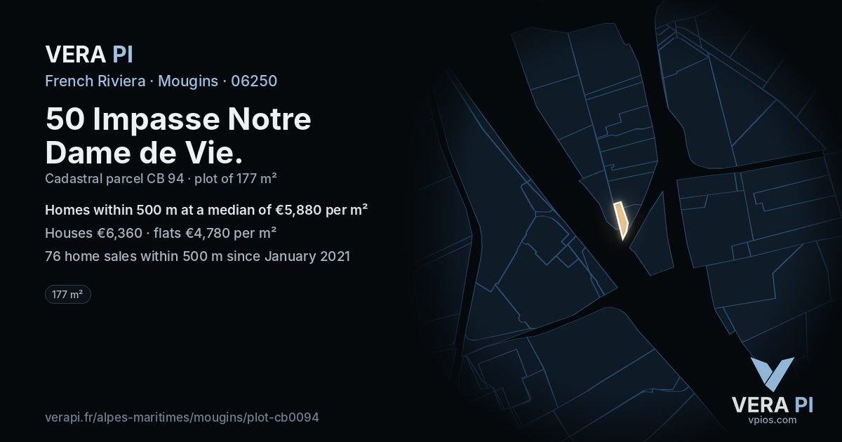 50 Impasse Notre Dame de Vie, Mougins at night – the plot lit, the parcels around coloured by the prices near them