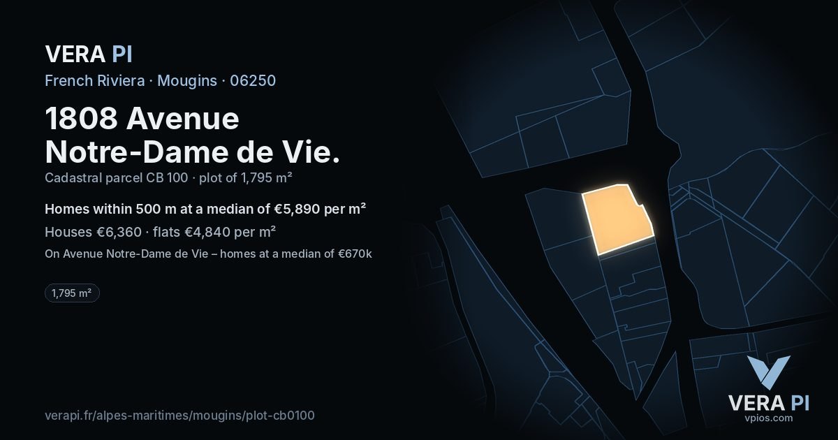 1808 Avenue Notre-Dame de Vie, Mougins at night – the plot lit, the parcels around coloured by the prices near them