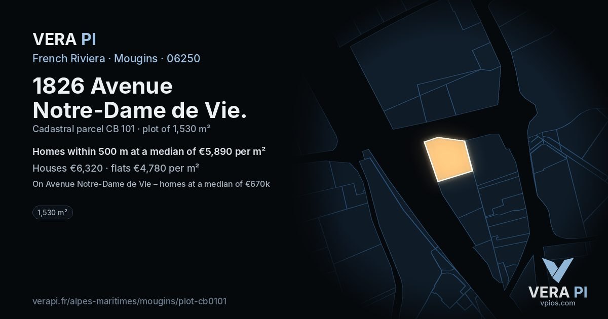 1826 Avenue Notre-Dame de Vie, Mougins at night – the plot lit, the parcels around coloured by the prices near them