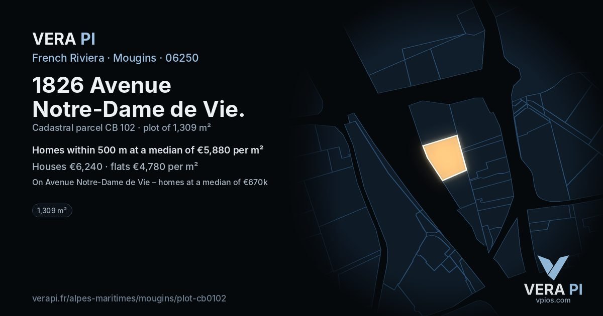 1826 Avenue Notre-Dame de Vie, Mougins at night – the plot lit, the parcels around coloured by the prices near them