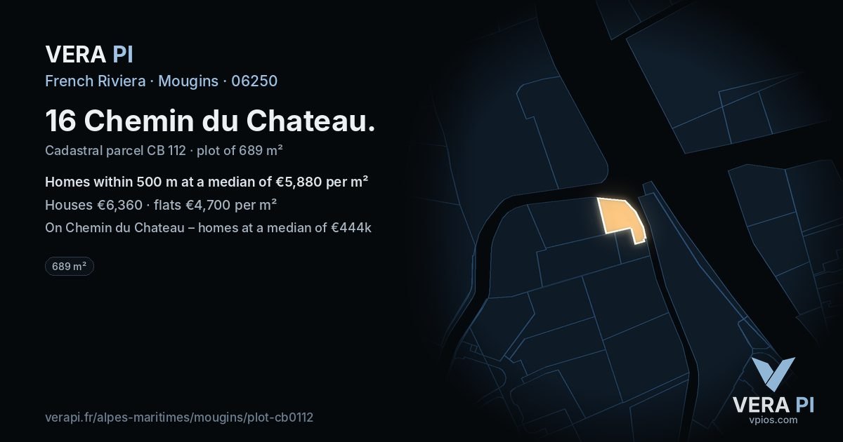 16 Chemin du Chateau, Mougins at night – the plot lit, the parcels around coloured by the prices near them