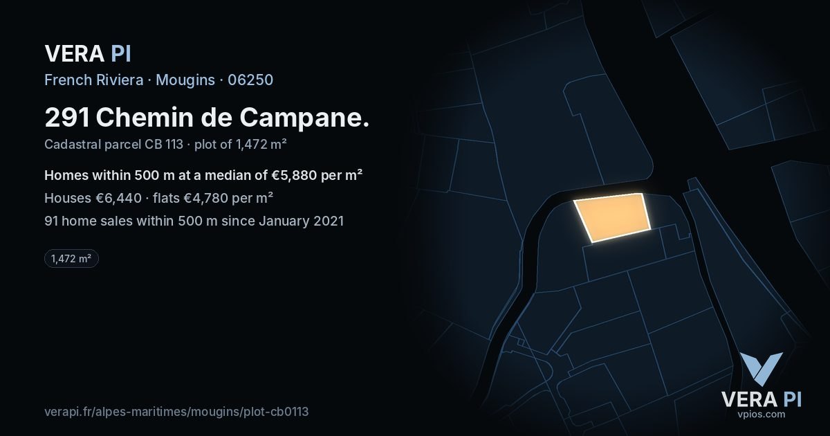 291 Chemin de Campane, Mougins at night – the plot lit, the parcels around coloured by the prices near them